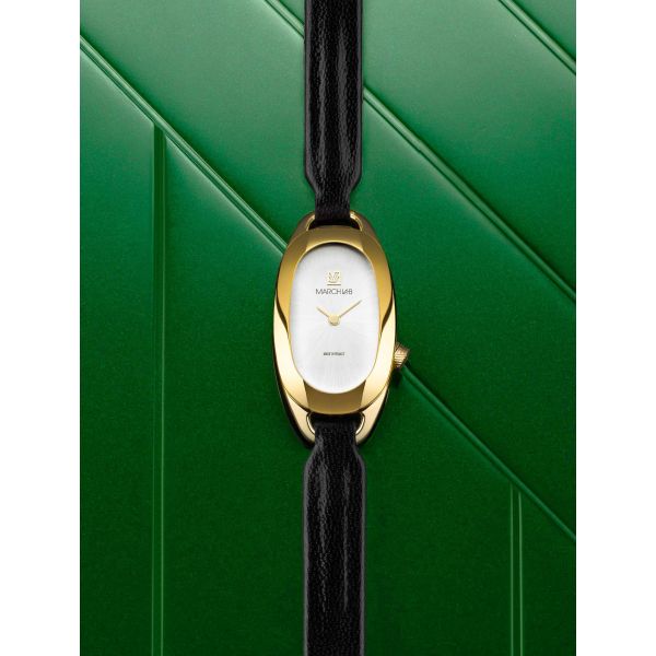 Montre MARCH LA.B Oblongue PVD Gold Continental Bracelet Cuir Noir