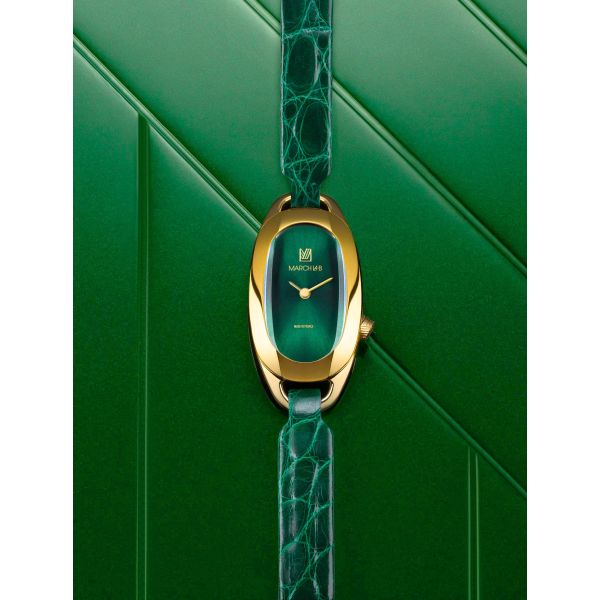 Montre MARCH LA.B Oblongue PVD Gold Emerald Bracelet Alligator