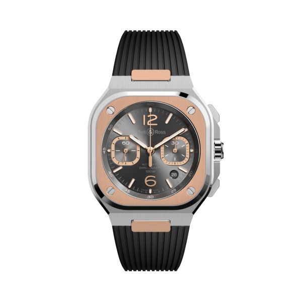 Montre BELL & ROSS BR05 GREY STEEL & GOLD Bracelet Caoutchouc