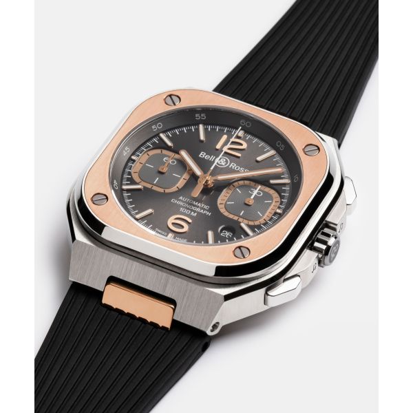 Montre BELL & ROSS BR05 GREY STEEL & GOLD Bracelet Caoutchouc