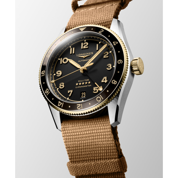 Montre Longines Spirit Zulu Time 39mm Bracelet Nato Aiguilles Dorées