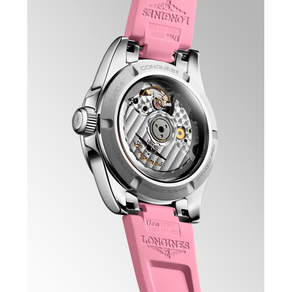 Montre Longines Conquest Heritage 34mm Bracelet Caoutchouc Rose