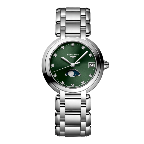 Montre Longines PrimaLuna Moonphase Cadran Vert Index Diamants
