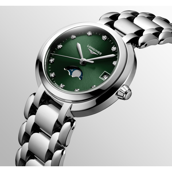 Montre Longines PrimaLuna Moonphase Cadran Vert Index Diamants