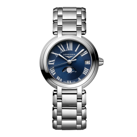 Montre Longines PrimaLuna Moonphase Cadran Bleu Index chiffres Romains
