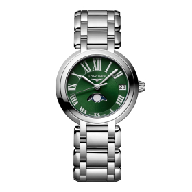 Montre Longines PrimaLuna Moonphase Cadran Vert Index chiffres Romains
