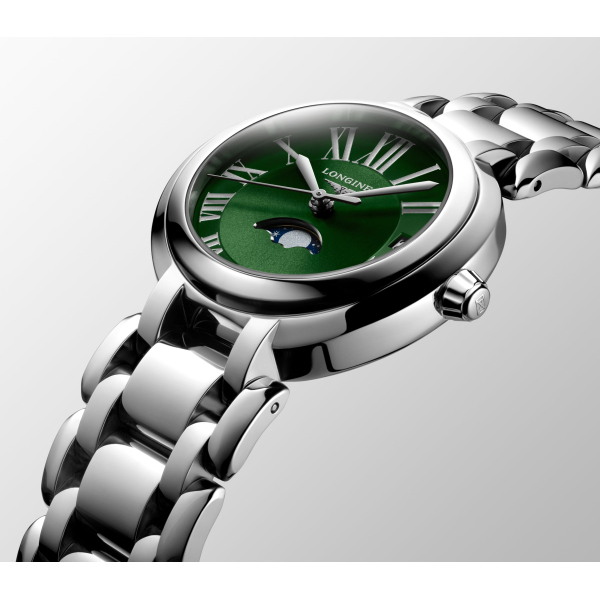 Montre Longines PrimaLuna Moonphase Cadran Vert Index chiffres Romains