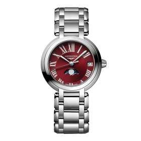 Montre Longines PrimaLuna Moonphase Cadran Rouge Index chiffres Romains