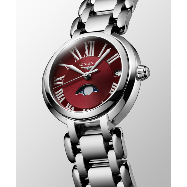 Montre Longines PrimaLuna Moonphase Cadran Rouge Index chiffres Romains