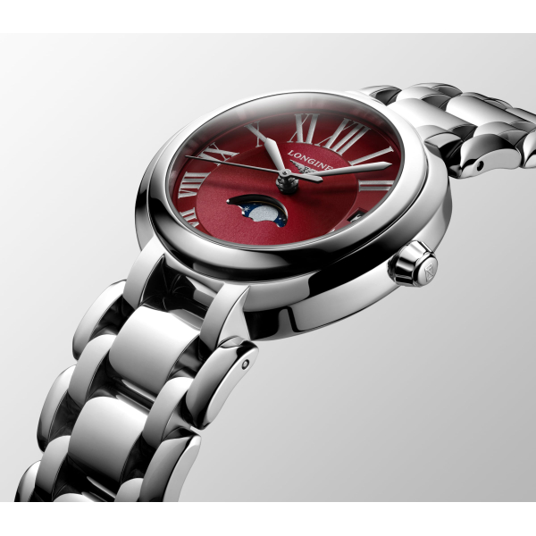Montre Longines PrimaLuna Moonphase Cadran Rouge Index chiffres Romains