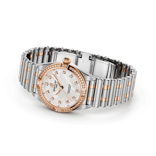 Montre Femme Breitling 28 Cadran Nacre Noire Or Rose Diamants
