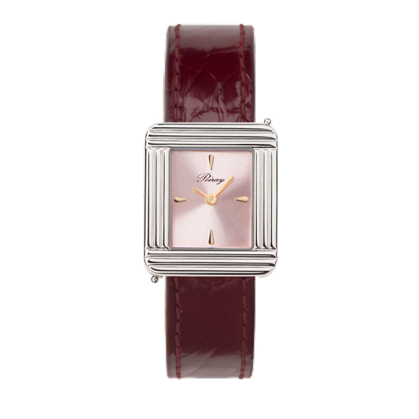Montre Poiray Ma Première Acier Cadran Rose Bracelet Alligator Bordeaux