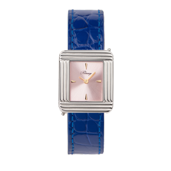 Montre Poiray Ma Première Acier Cadran Rose Bracelet Alligator Bleu