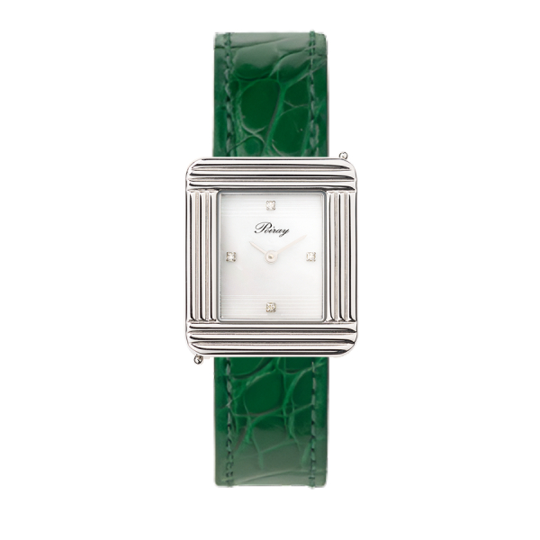 Montre Poiray Ma PremièreCadran Blanc Serti Bracelet Alligator Vert
