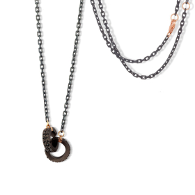 Collier Mano J Chaîne Titane Diamants Noirs Or Rouge 9kt