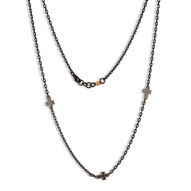 Collier Croix Mano J Chaîne Titane Diamants Noirs Or Rouge 9kt