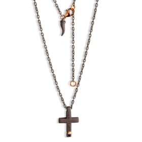 Collier Croix Moyenne Mano J Titane 10 Diamants Noirs Or Rouge 9kt