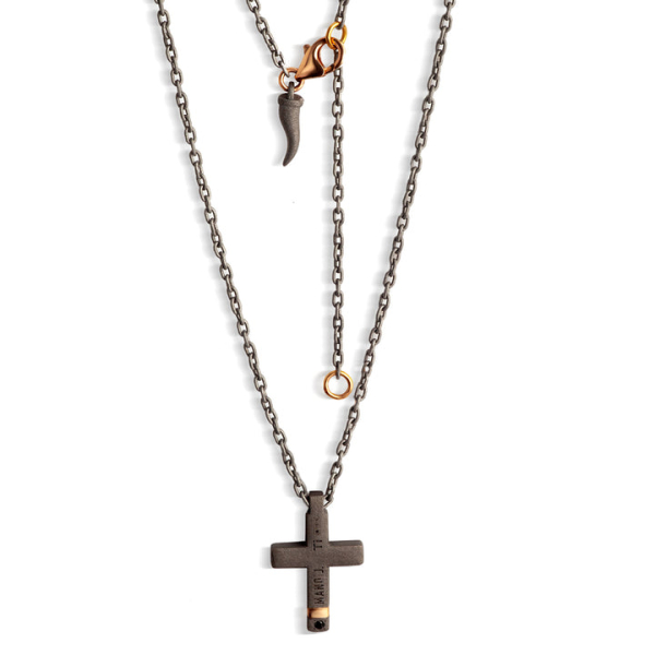 Collier Croix Moyenne Mano J Titane 10 Diamants Noirs Or Rouge 9kt