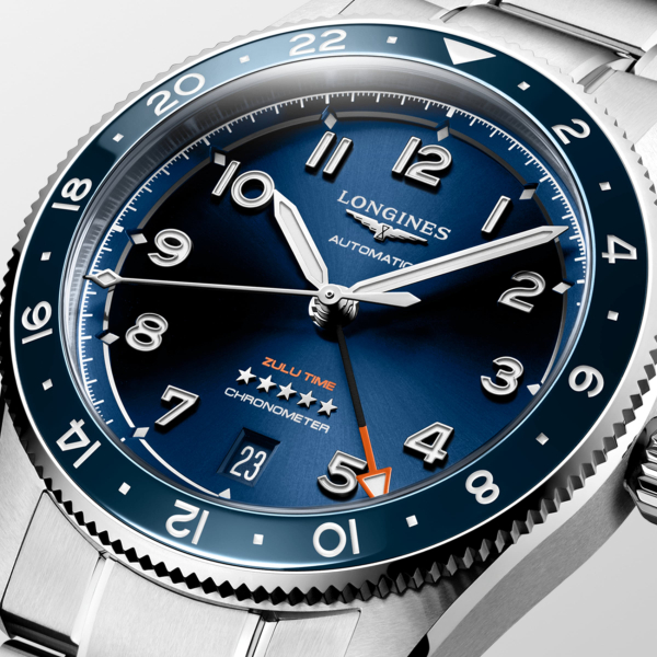 Montre Longines Spirit Zulu Time Automatique 39mm Lunette Bleue Bracelet Acier