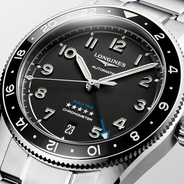 Montre Longines Spirit Zulu Time Automatique 39mm Lunette Noire Bracelet Acier