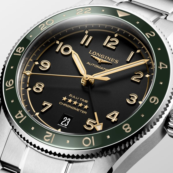 Montre Longines Spirit Zulu Time Automatique 39mm Lunette Verte Bracelet Acier