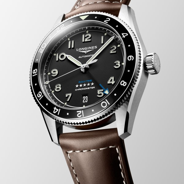 Montre Longines Spirit Zulu Time Automatique 39mm cadran Noir Bracelet Cuir