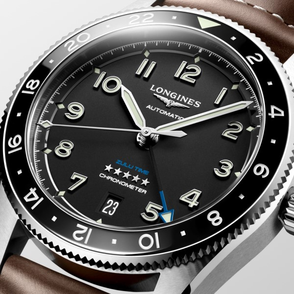 Montre Longines Spirit Zulu Time Automatique 39mm cadran Noir Bracelet Cuir