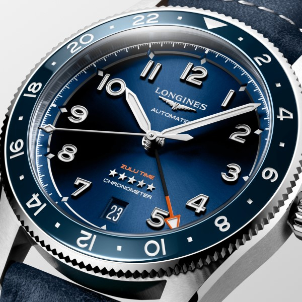 Montre Longines Spirit Zulu Time Automatique 39mm cadran bleu bracelet cuir