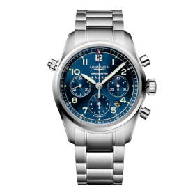 Montre Longines Spirit Chronographe 42 mm cadran bleu bracelet acier