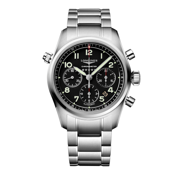 Montre Longines Spirit Chronographe 42 mm cadran noir bracelet acier