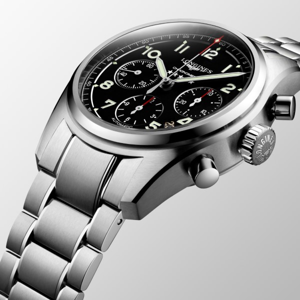 Montre Longines Spirit Chronographe 42 mm cadran noir bracelet acier