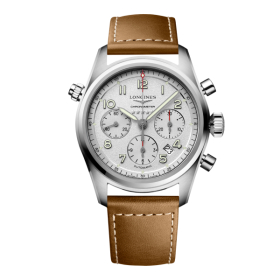 Montre Longines Spirit Chronographe 42 mm cadran argenté bracelet cuir