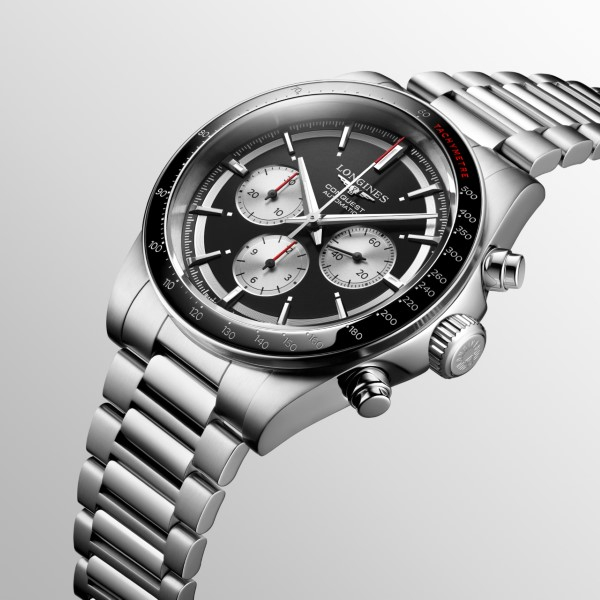 Montre Longines Conquest Bracelet Acier Cadran Noir Chrono Argent
