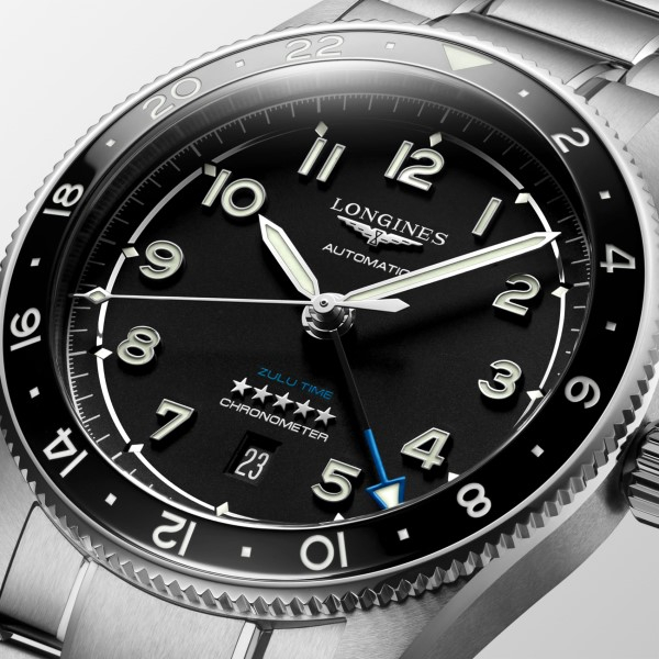 Montre Longines Spirit Zulu Time Automatique 42mm cadran noir bracelet Acier