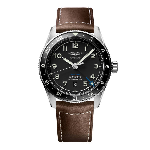 Montre Longines Spirit Zulu Time Automatique 42mm cadran noir bracelet cuir