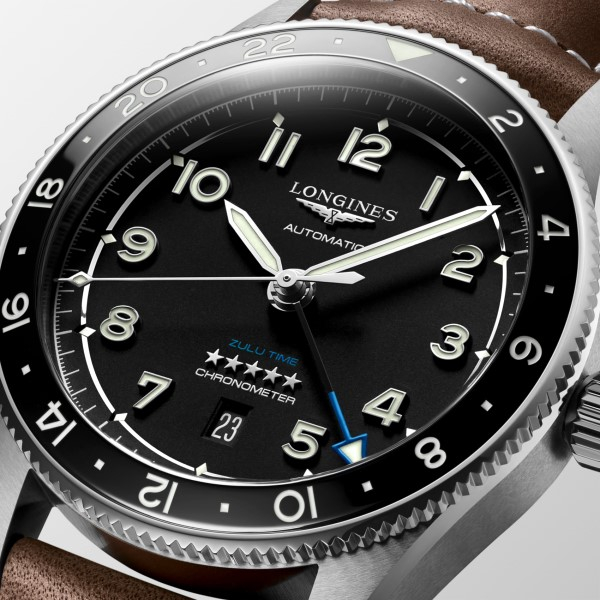 Montre Longines Spirit Zulu Time Automatique 42mm cadran noir bracelet cuir