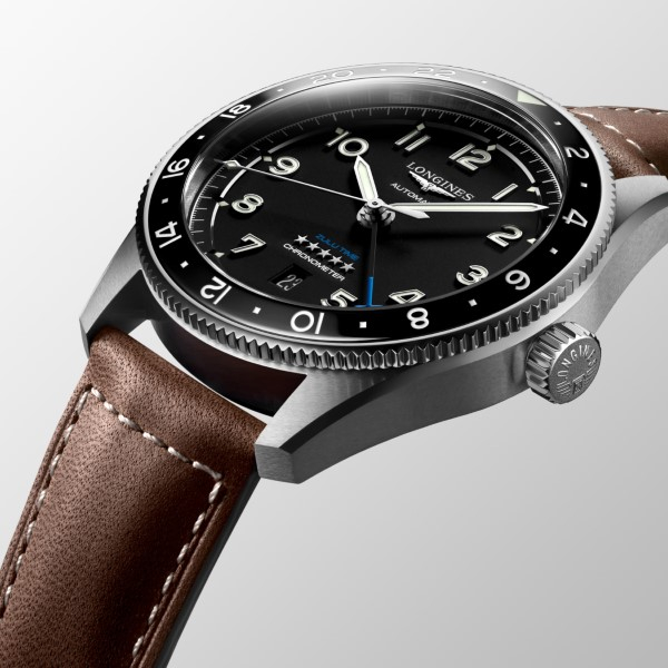 Montre Longines Spirit Zulu Time Automatique 42mm cadran noir bracelet cuir