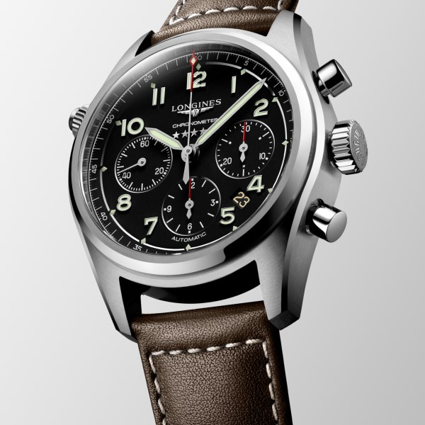 Montre Longines Spirit Chronographe 42 mm cadran noir bracelet cuir