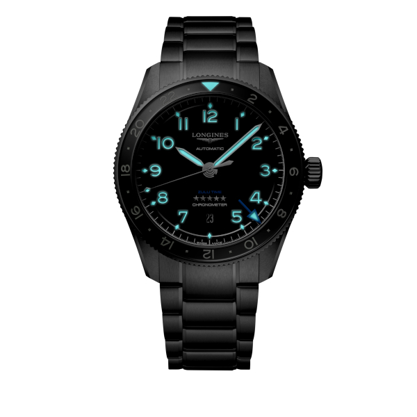 Montre Longines Spirit Zulu Time Automatique 42mm cadran noir bracelet Acier