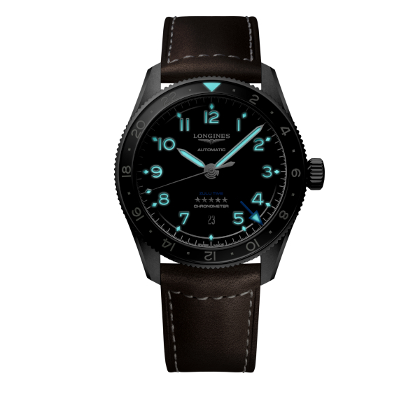Montre Longines Spirit Zulu Time Automatique 42mm cadran noir bracelet cuir