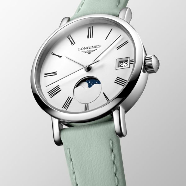 Longines Elegant Collection Moonphase Cadran Blanc mat Bracelet cuir