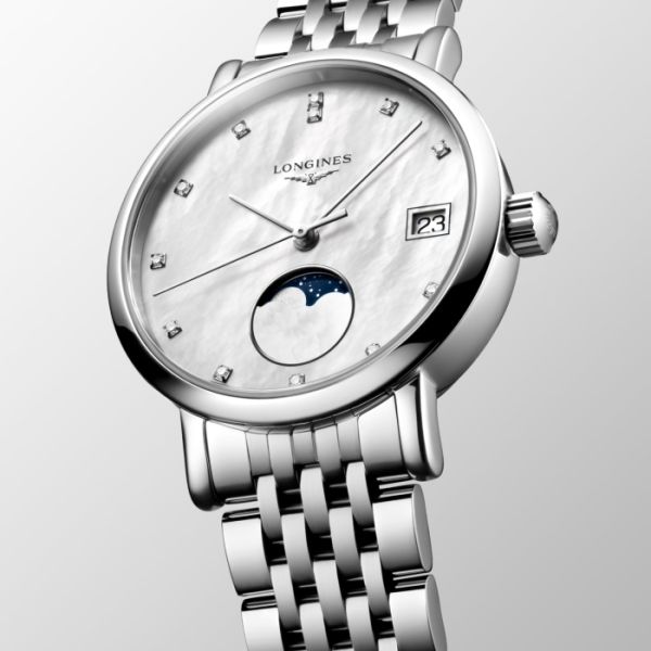 Longines Elegant Collection Moonphase Cadran Nacre blanche Bracelet Acier