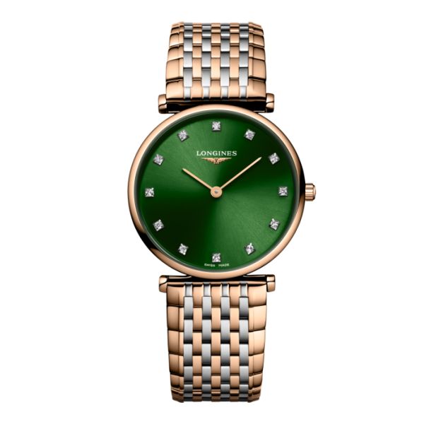 Montre La Grande Classique De Longines Cadran Vert soleillé Bracelet Acier et traitement PVD rouge