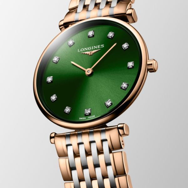 Montre La Grande Classique De Longines Cadran Vert soleillé Bracelet Acier et traitement PVD rouge