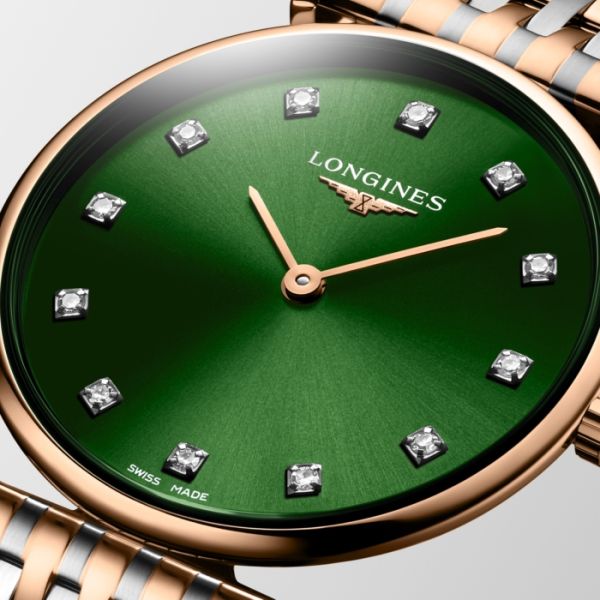 Montre La Grande Classique De Longines Cadran Vert soleillé Bracelet Acier et traitement PVD rouge
