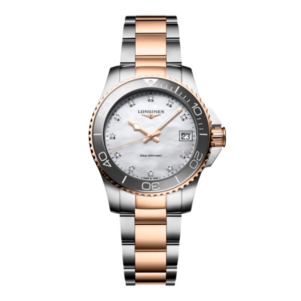 Montre Hydroconquest Cadran Nacre blanche Bracelet Acier et traitement PVD rouge