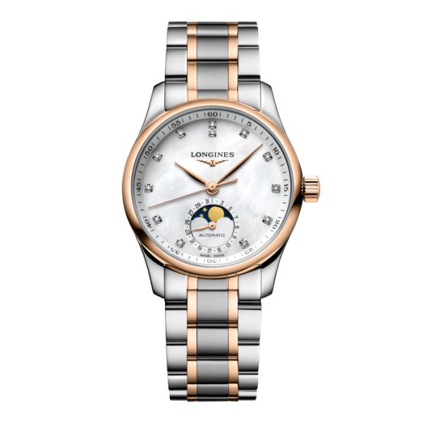 Montre Longines Master Collection Moonphase Cadran Nacre blanche Bracelet Acier Coiffe Or Rose