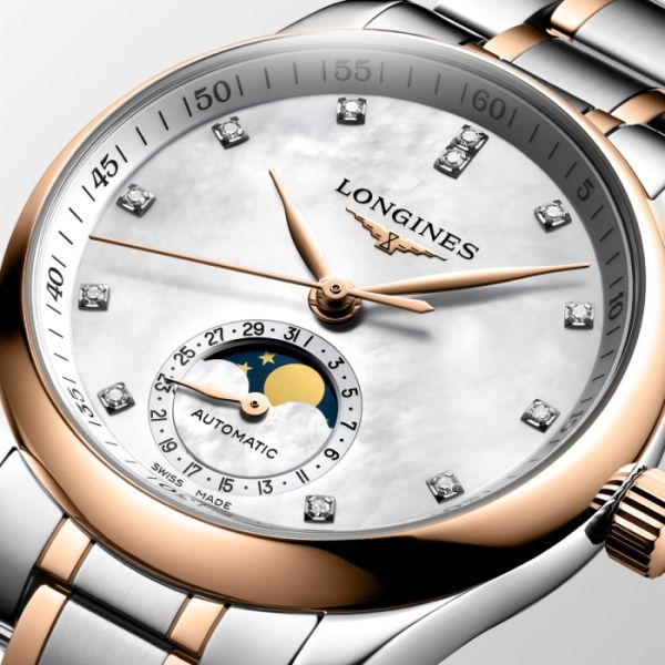 Montre Longines Master Collection Moonphase Cadran Nacre blanche Bracelet Acier Coiffe Or Rose