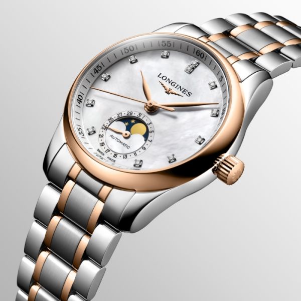 Montre Longines Master Collection Moonphase Cadran Nacre blanche Bracelet Acier Coiffe Or Rose