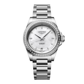 Montre Conquest Cadran Nacre blanche Bracelet Acier